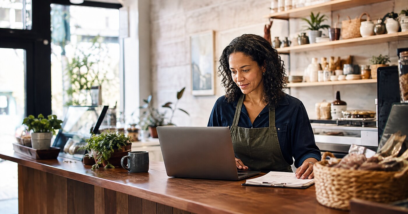 Illustrative small-business owner reviewing accounts on a laptop behind a shop counter