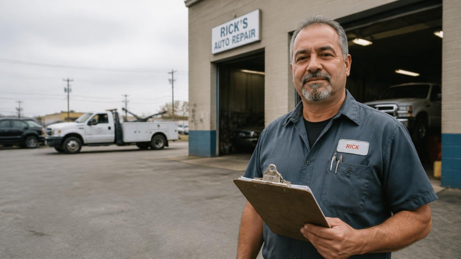 Illustrative auto repair shop owner holding a clipboard outside a service bay