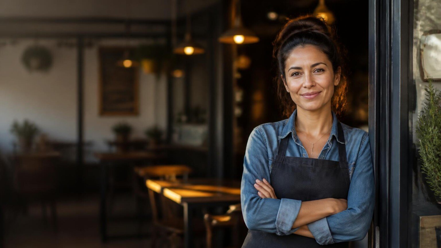 Illustrative restaurant owner standing inside a dining room