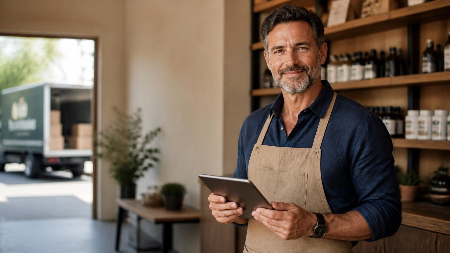 Illustrative small-business shop owner holding a tablet
